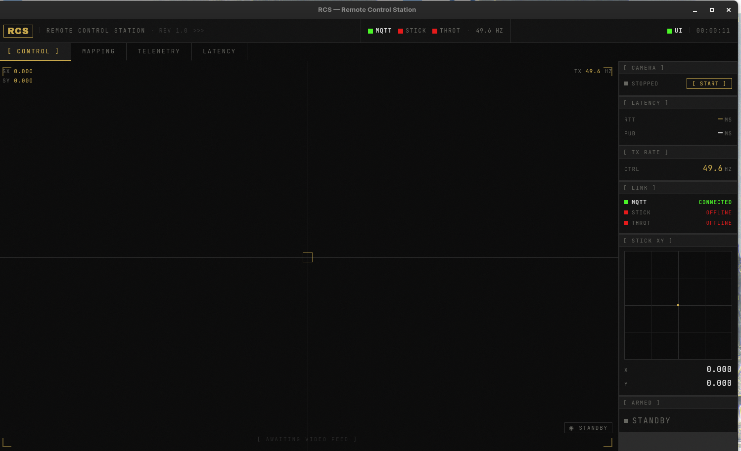 Operator UI — Control tab with live video, telemetry HUD and tactical reticle