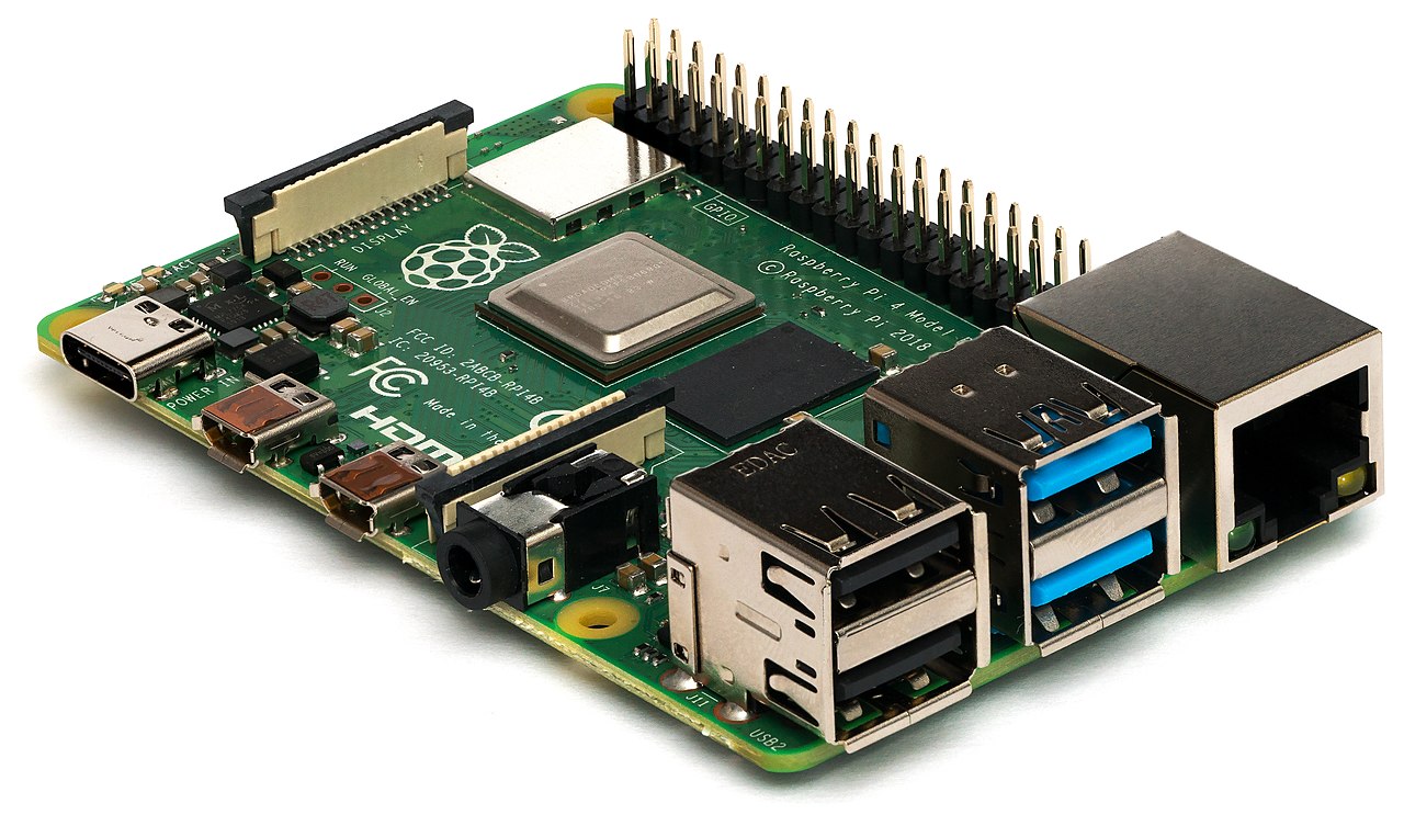 Pi 4 side view — GPIO, USB 3.0 and CSI camera port. The Camera Module 3 NoIR connects via the CSI-2 ribbon